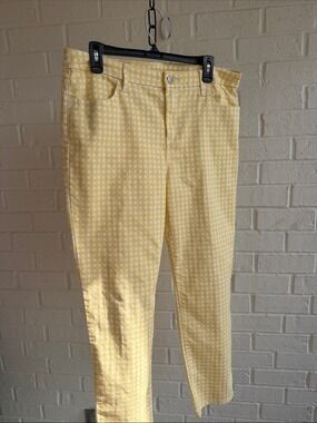 Chico’s Perfect Stretch Girlfriend Slim Leg Ankle Yellow Gingham Jeans Size L/12